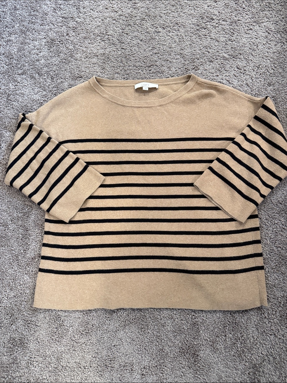 LOFT Beige and Black Striped Boxy Crewneck Split Back Sweater